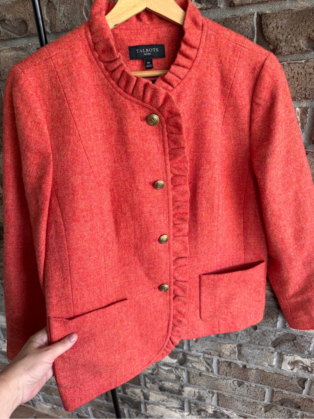 Talbots Petites 16P Wool Blend Ruffle Trim Jacket Coral Pink Button Front Lined - Picture 6 of 15